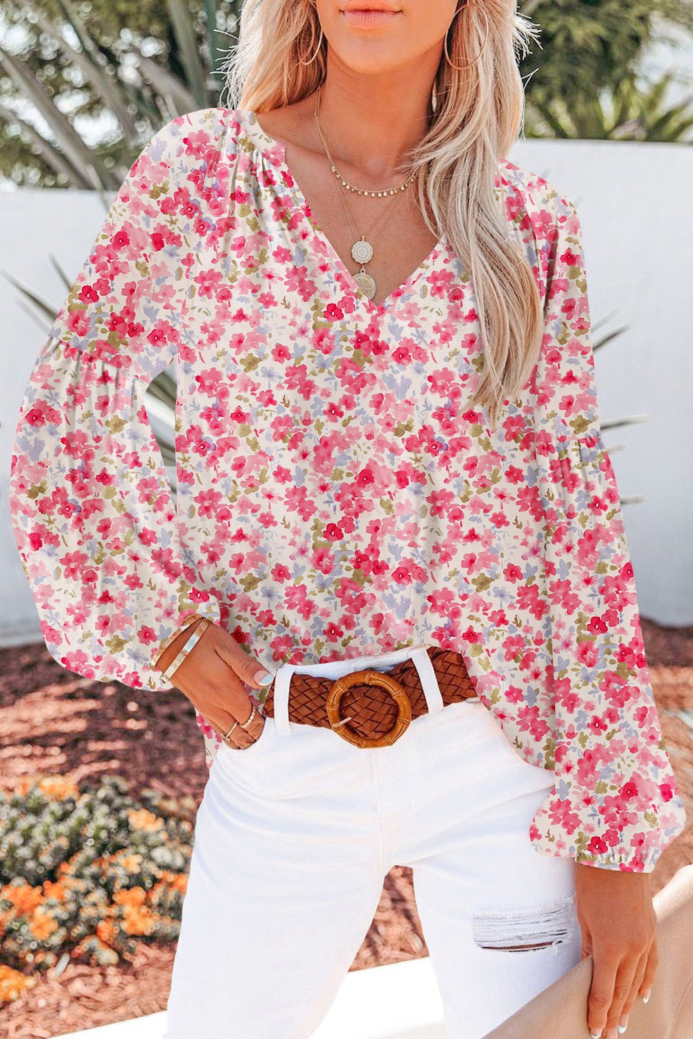 Printed Notched Long Sleeve Blouse - felvior