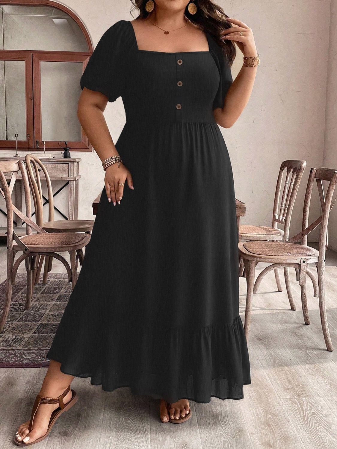 Plus Size Ruffled Hem Square Neck Short Sleeve Dress - felvior