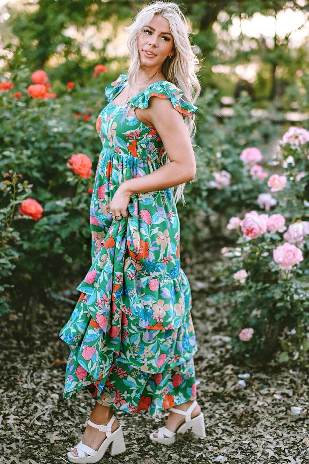 Tiered Ruffled Printed Sleeveless Dress - felvior