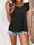 Crisscross Back Ruffled Round Neck Cap Sleeve Blouse - felvior