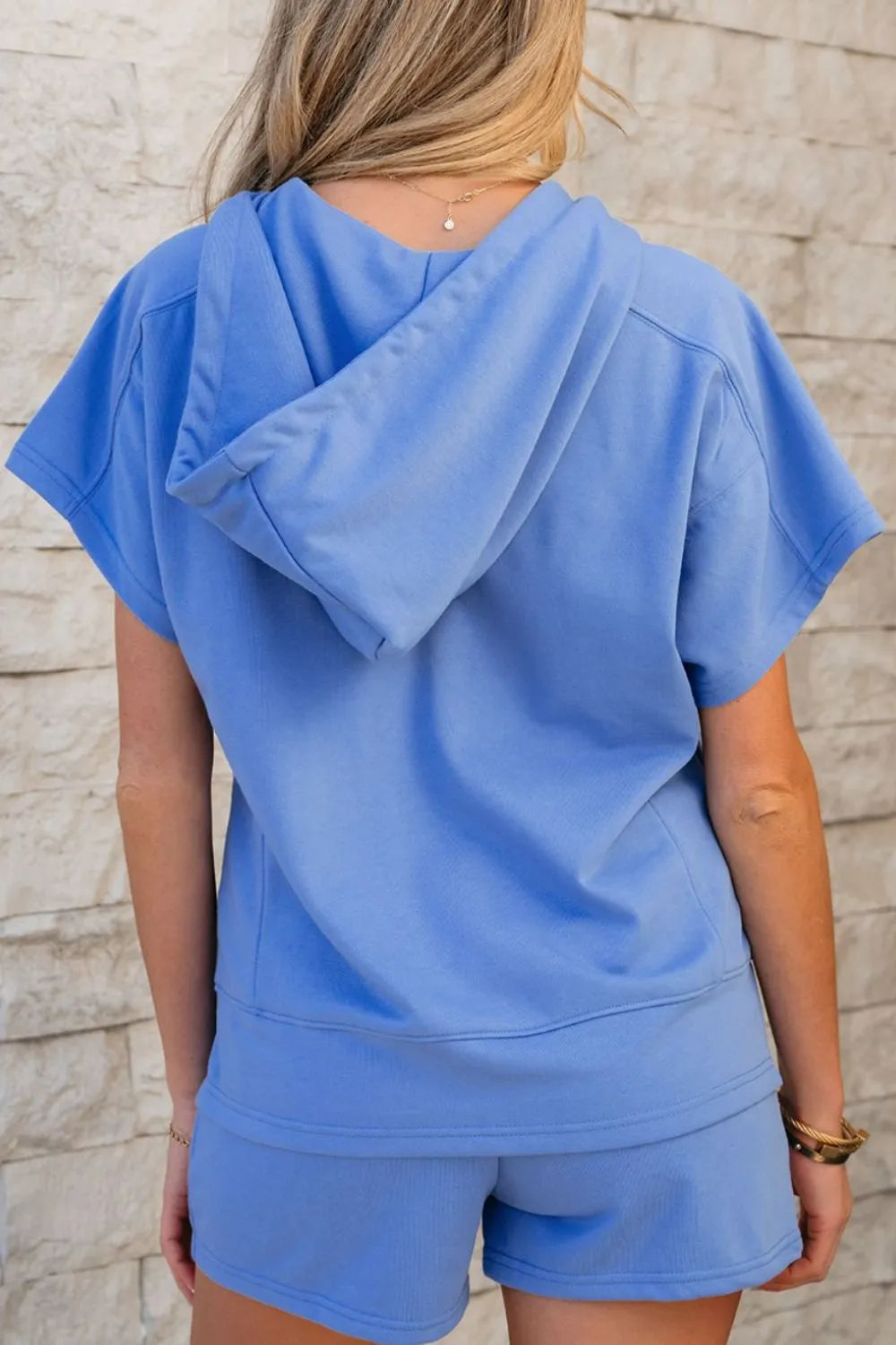 Drawstring Zipped Short Sleeve Hoodie and Shorts Set