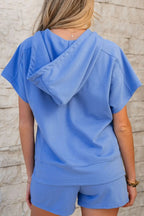 Drawstring Zipped Short Sleeve Hoodie and Shorts Set