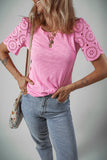 Eyelet Embroidery Scalloped Sleeve Round Neck Top - felvior