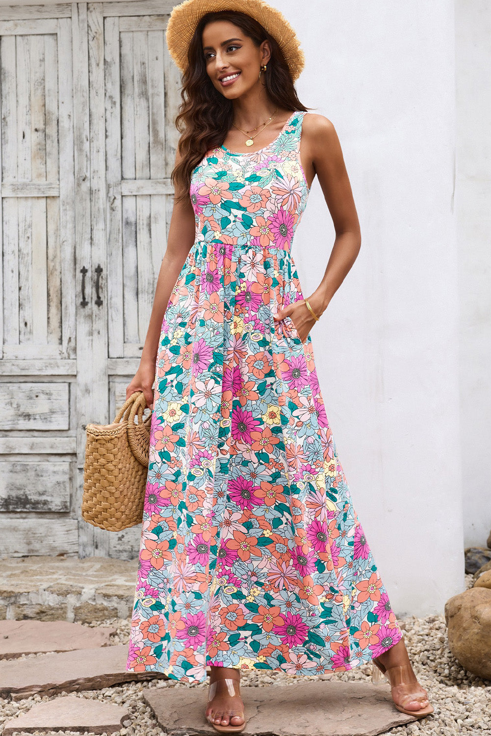 Round Neck Sleeveless Maxi Dress with Pockets - felvior