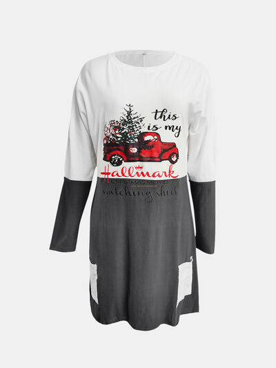 Zweifarbiges Langarm-T-Shirt mit Rundhalsausschnitt und Grafik in voller Größe Zweitbild