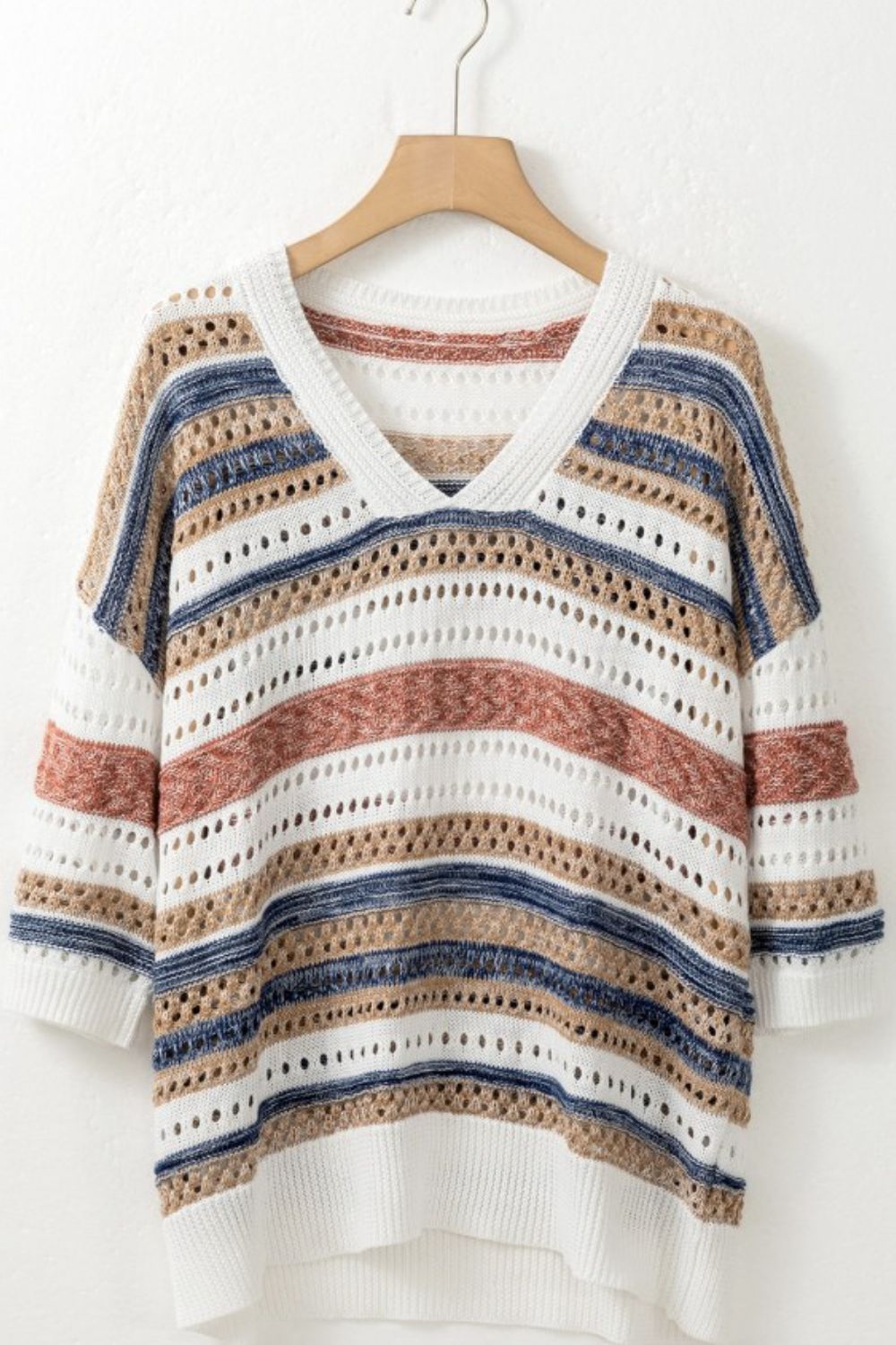 Striped Hollow Out Half Sleeve Knit Top - felvior