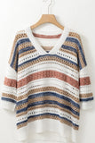 Striped Hollow Out Half Sleeve Knit Top - felvior