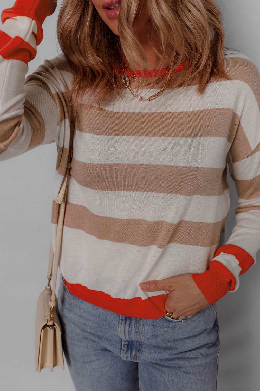 Contrast Striped Round Neck Drop Shoulder Knit Top - felvior