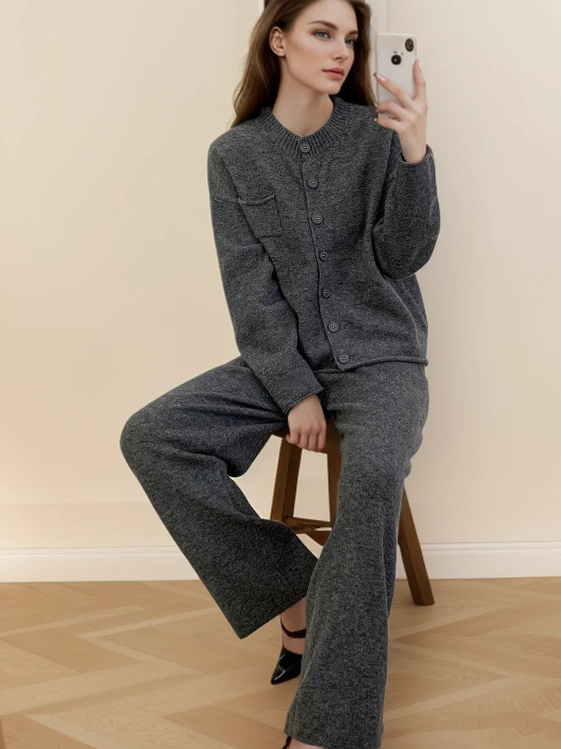 Pocketed Round Neck Button Up Cardigan and Pants Sweater Set - felvior