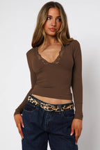 Lace Detail V-Neck Long Sleeve T-Shirt