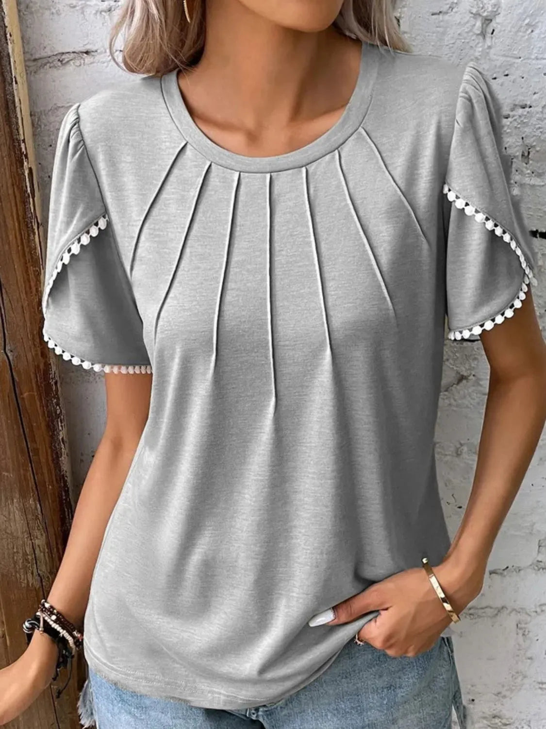 Full Size Round Neck Petal Sleeve Blouse Plus Size - felvior