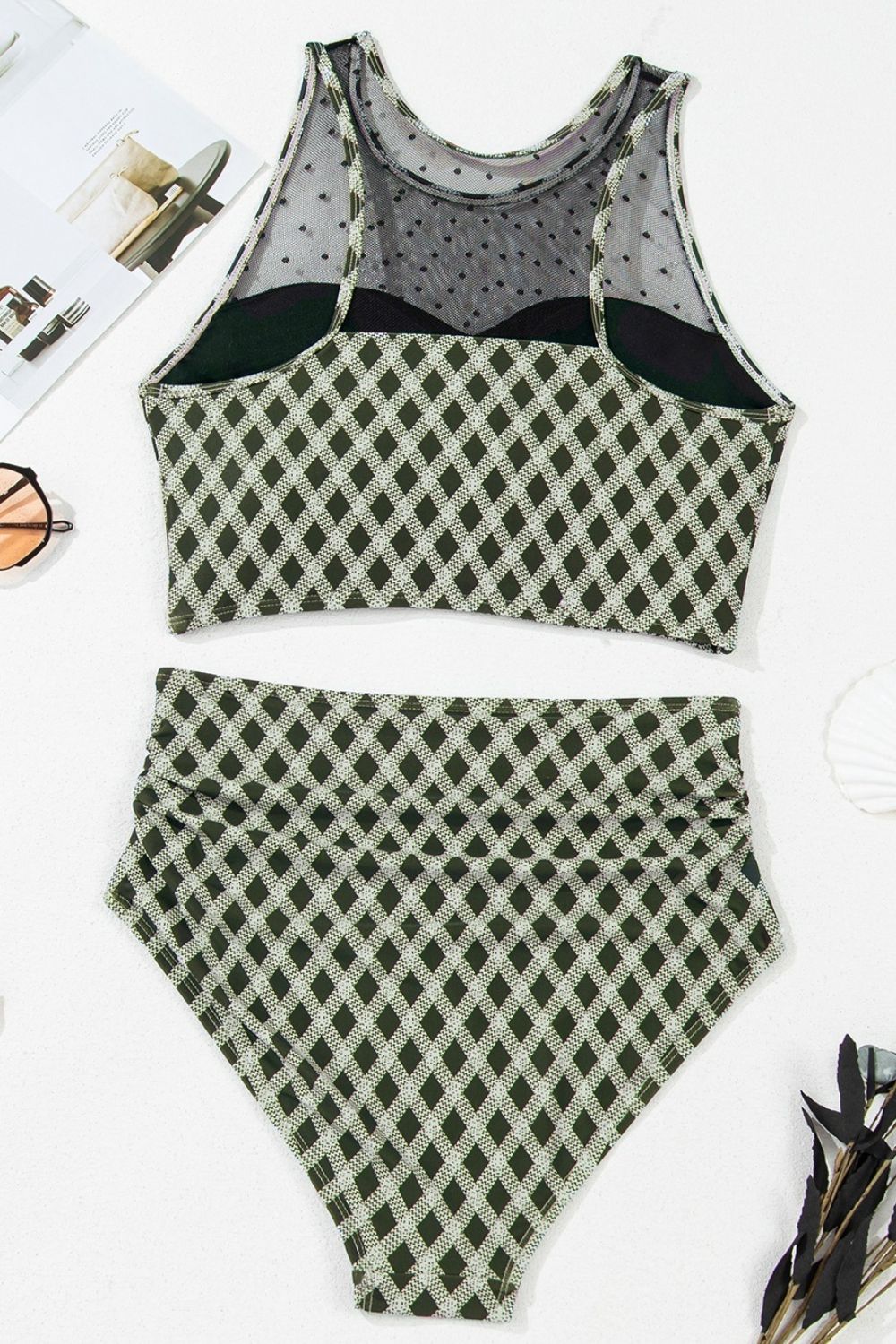 Dotted Mesh Plaid Patchwork High Waisted Swim Set