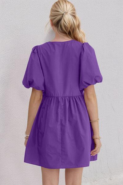 Oh Bow Ruched Puff Sleeve Mini Dress - felvior
