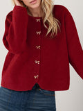 Bow Button Down Round Neck Long Sleeve Cardigan - felvior