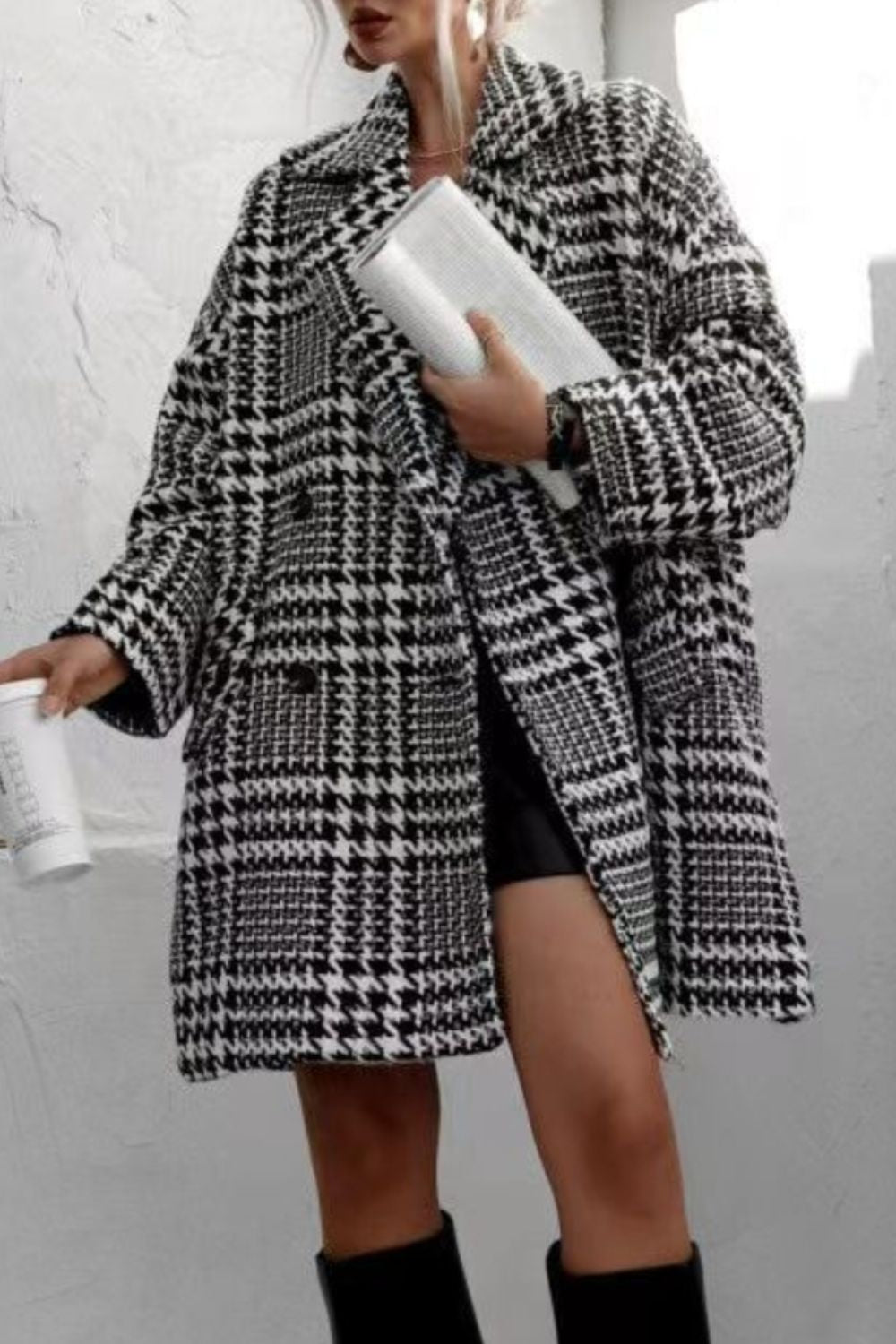 Houndstooth Collared Neck Long Sleeve Coat with Pockets - felvior