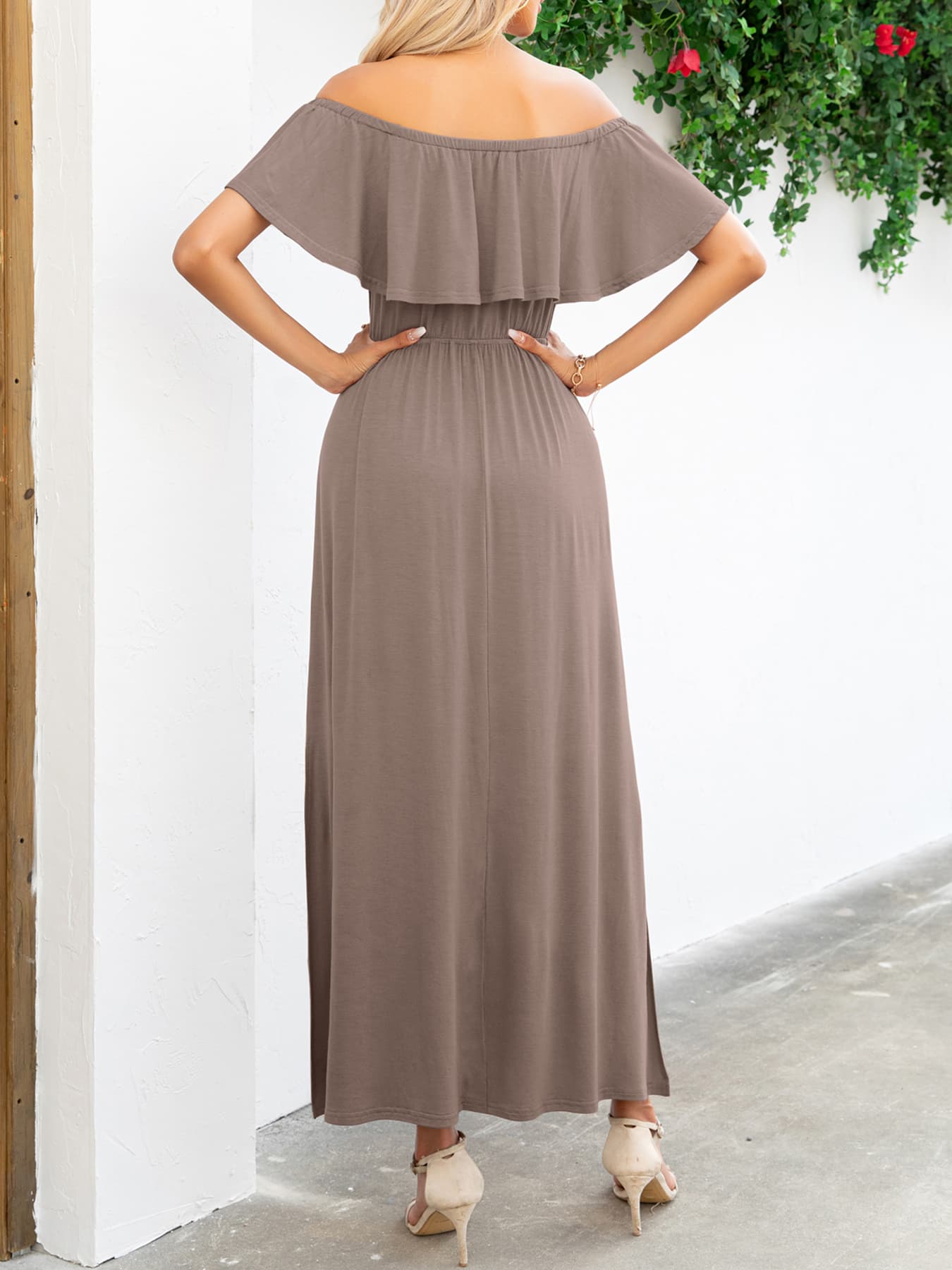 Off-Shoulder Slit Maxi Dress - felvior
