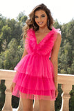Ruffled V-Neck Sleeveless Mesh Dress - felvior
