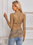 Mock Neck Long Sleeve Lace Sheer Top