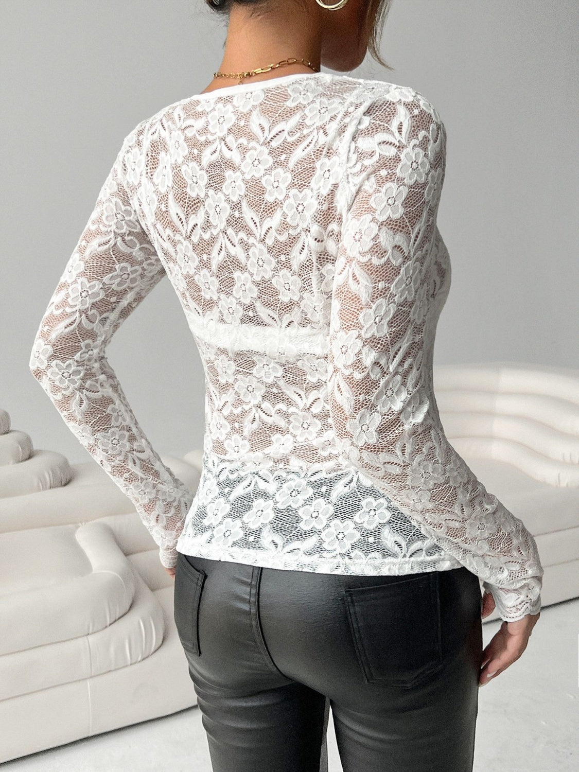 Lace V-Neck Long Sleeve Top - felvior