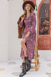 Printed Long Sleeve Slit Midi Dress - felvior