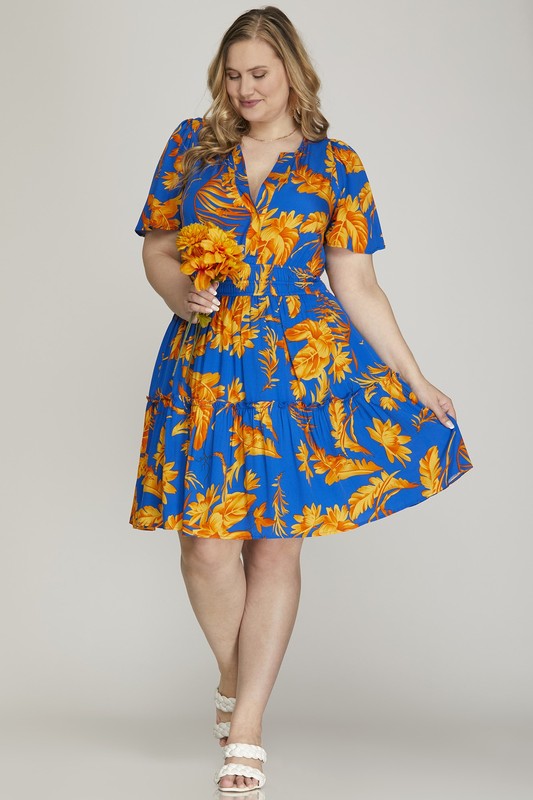 She + Sky Full Size Printed Notched Short Sleeve Frill Tiered Dress Plus Size - felvior