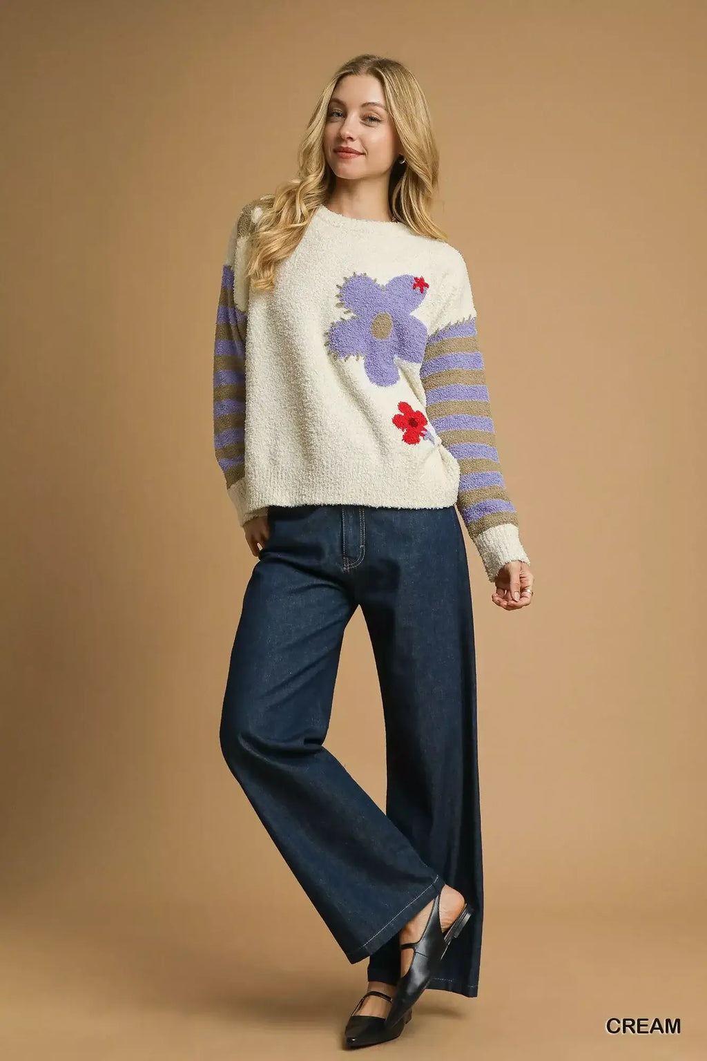 Umgee Flower Jacquard Striped Long Sleeve Sweater