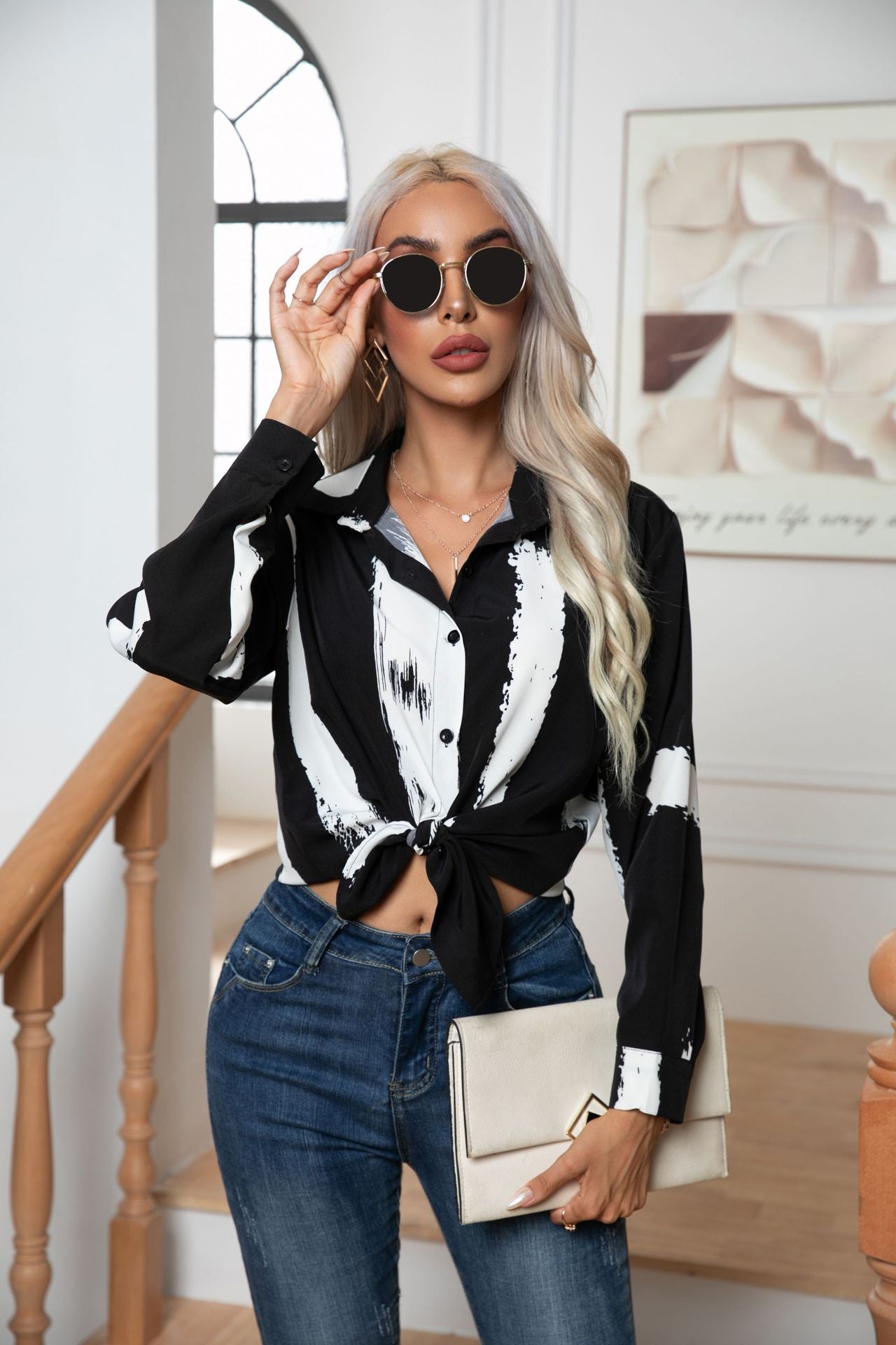Button Down Printed Long Sleeve Shirt - felvior