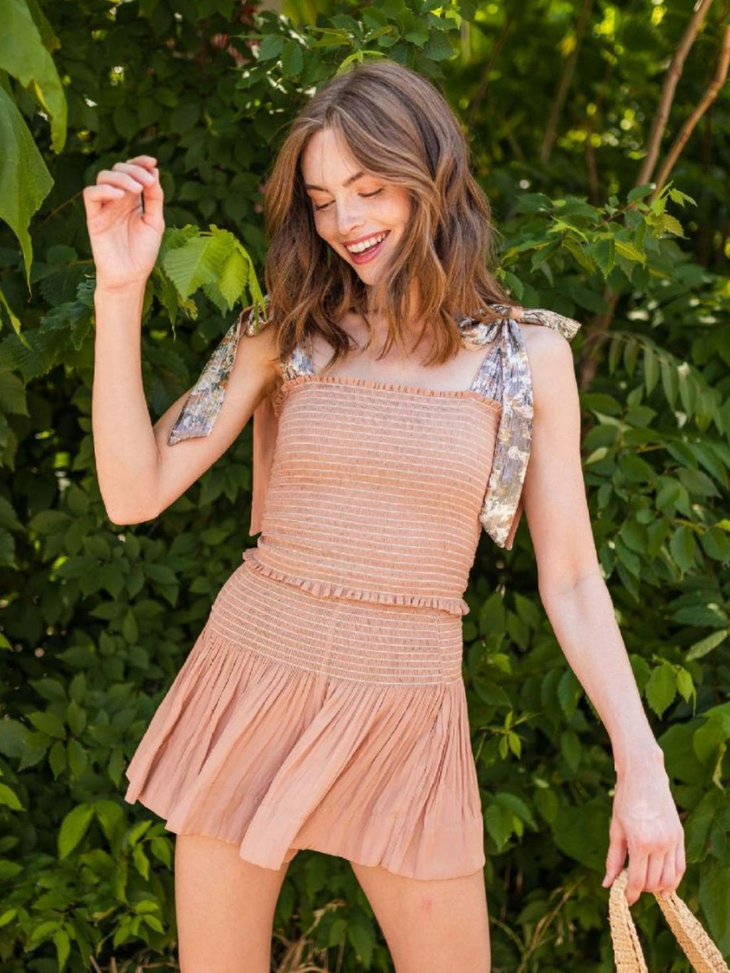 Smocked Tie Shoulder Top and Mini Skirt Set