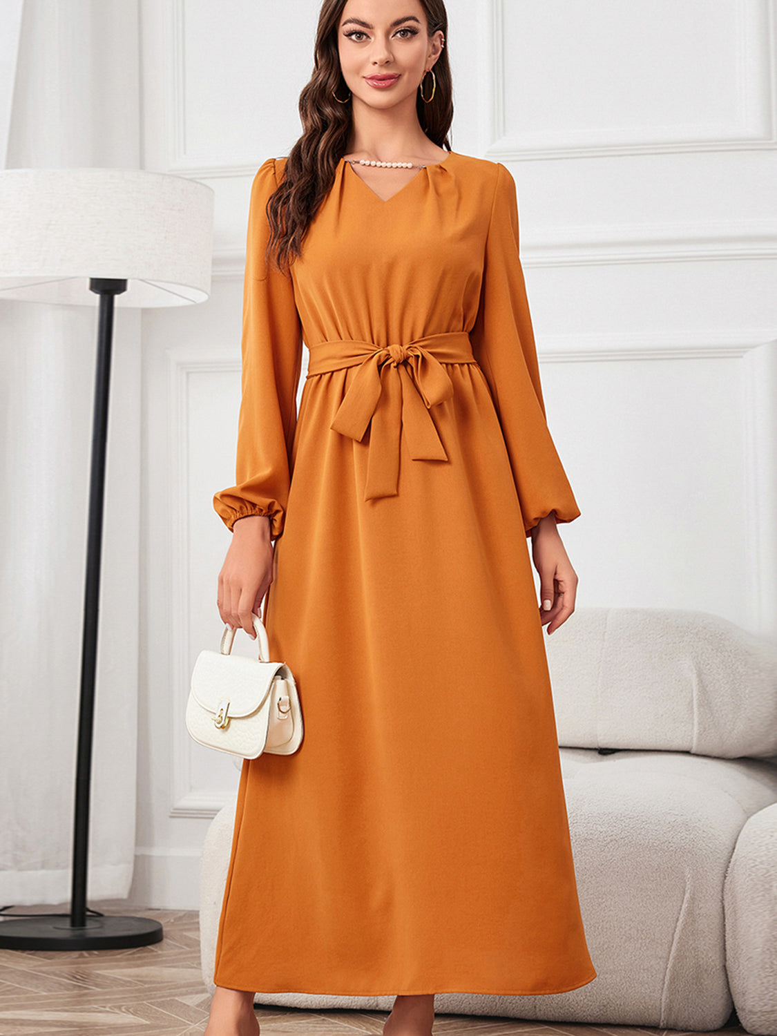 Tie Waist Puff Sleeve Maxi Dress - felvior