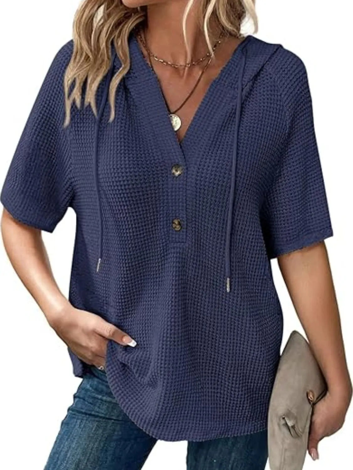 Drawstring Waffle-Knit Short Sleeve Hooded Top