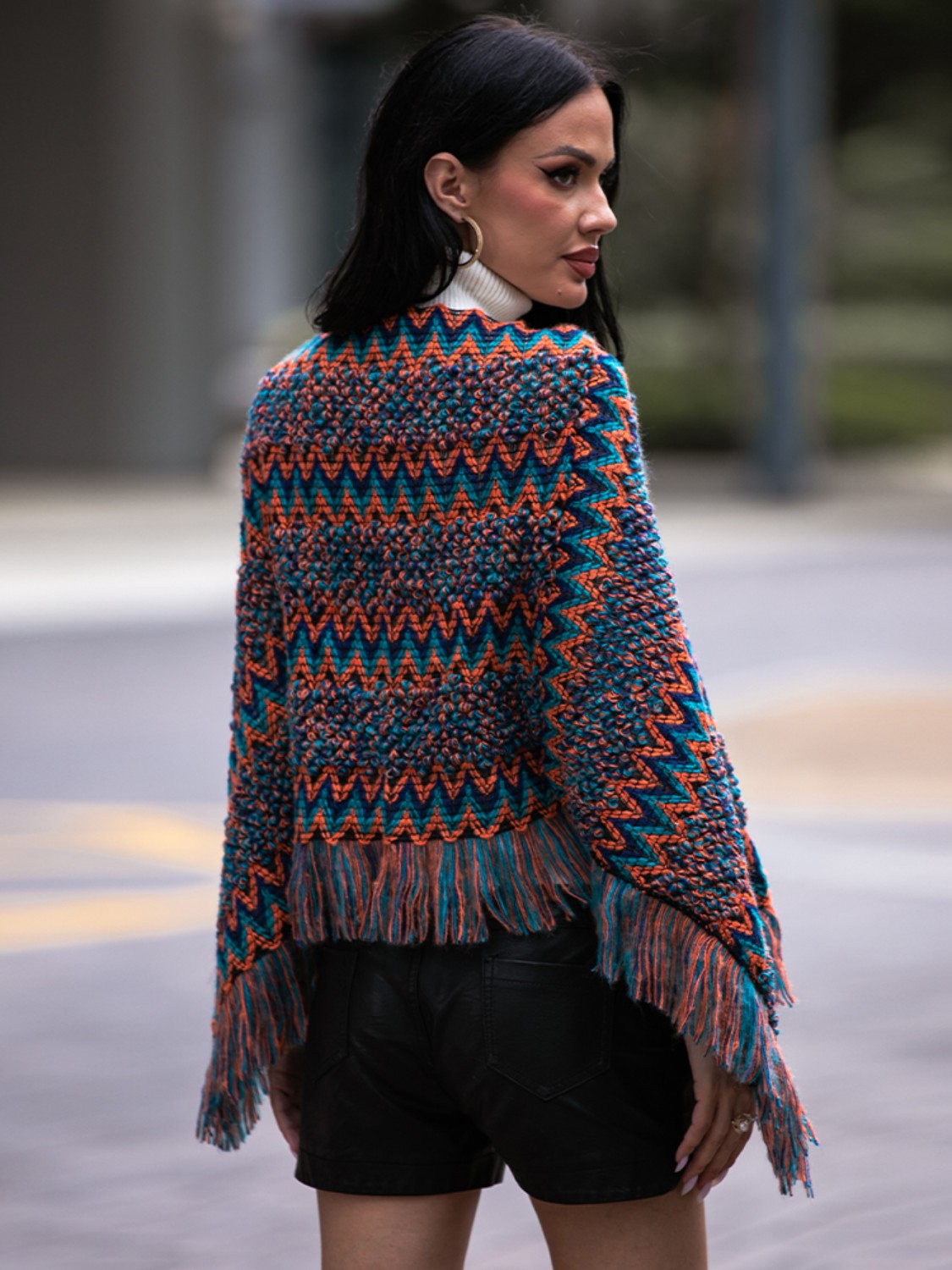 Shiny Fringe Hem Boat Neck Poncho - felvior