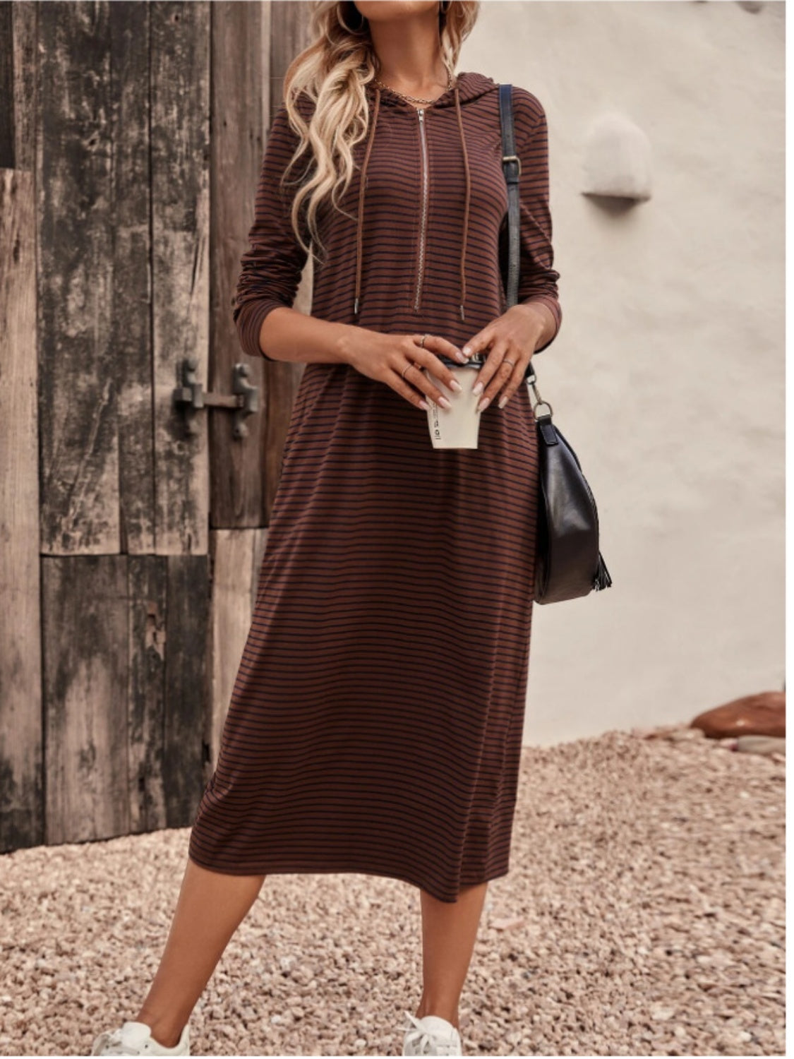 Striped Zip Front Hooded Dress - felvior