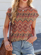 Printed Round Neck Cap Sleeve Top