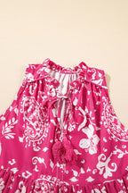 Floral Sleeveless Tasseled Tie Neck Tiered Midi Dress