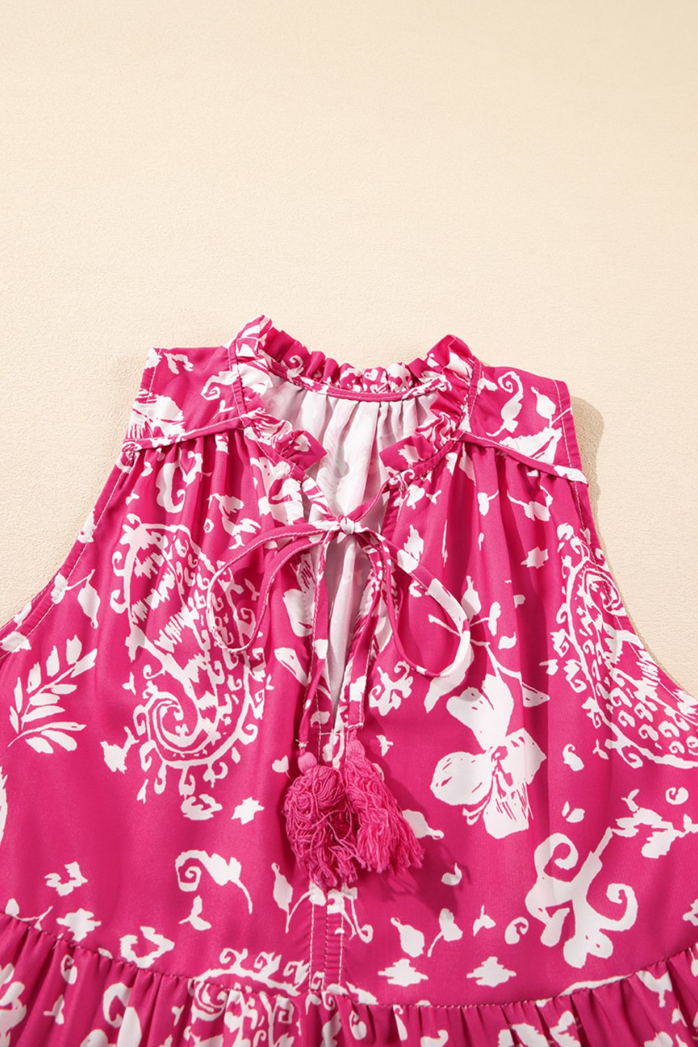 Floral Sleeveless Tasseled Tie Neck Tiered Midi Dress