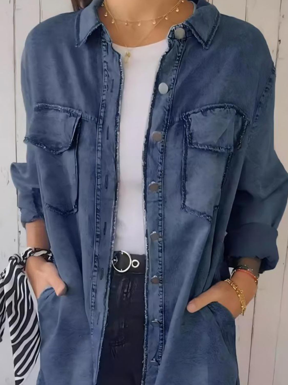 Full Size Raw Hem Button Up Long Sleeve Denim Top Plus Size - felvior