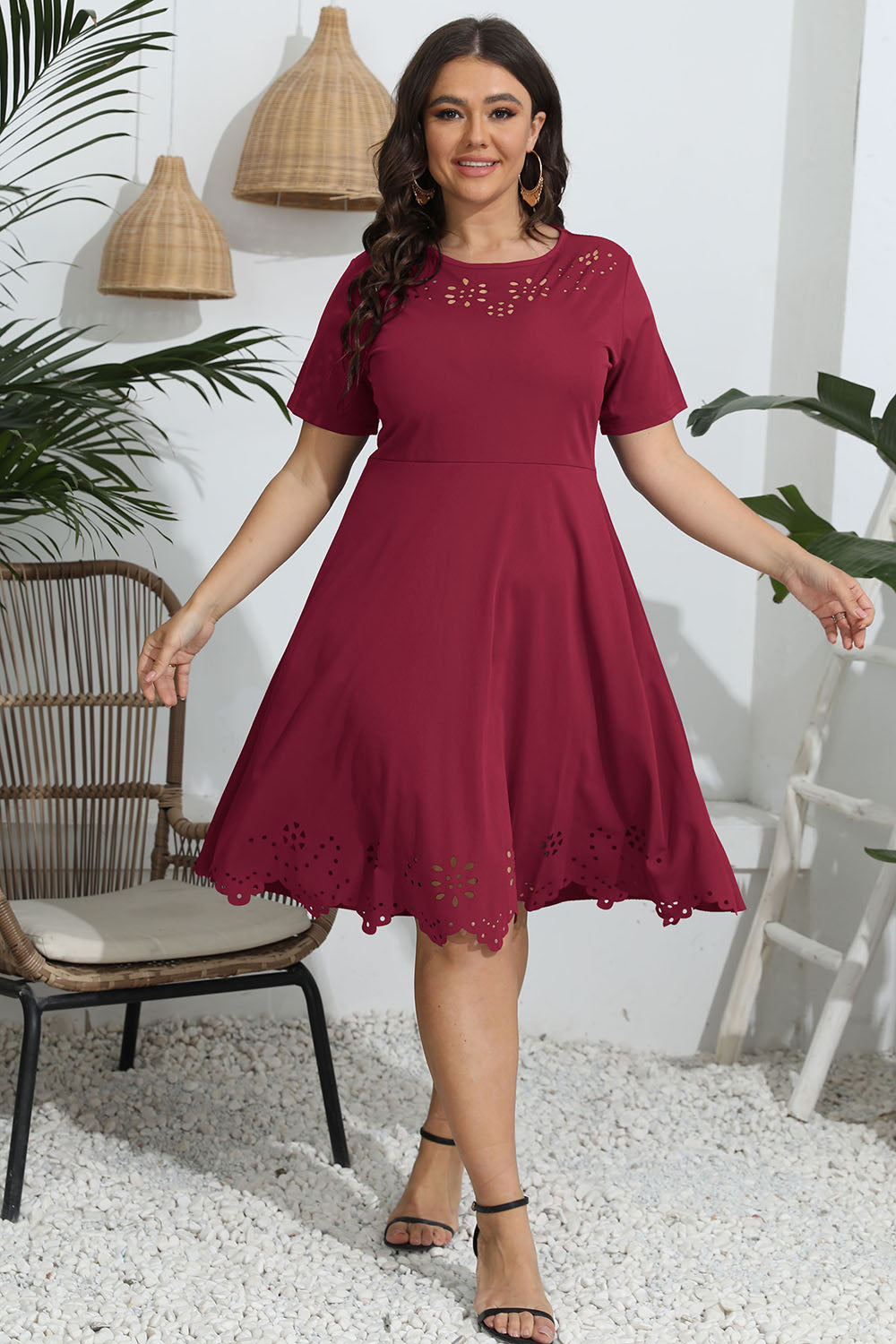 Plus Size Round Neck Openwork Dress - felvior