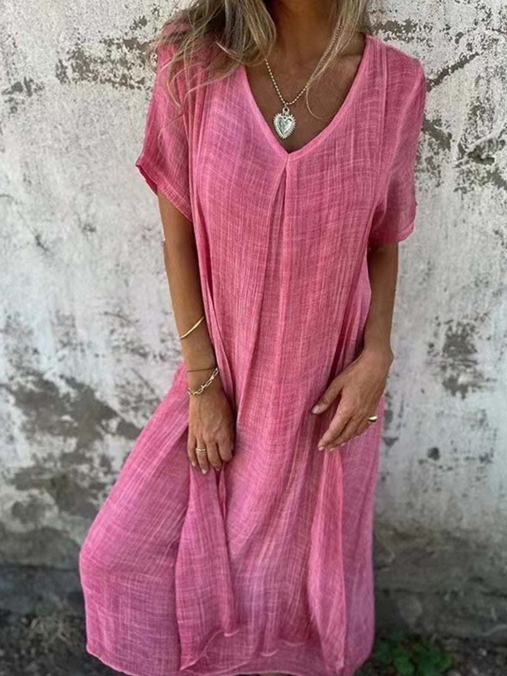 Full Size V-Neck Short Sleeve Midi Dress Plus Size