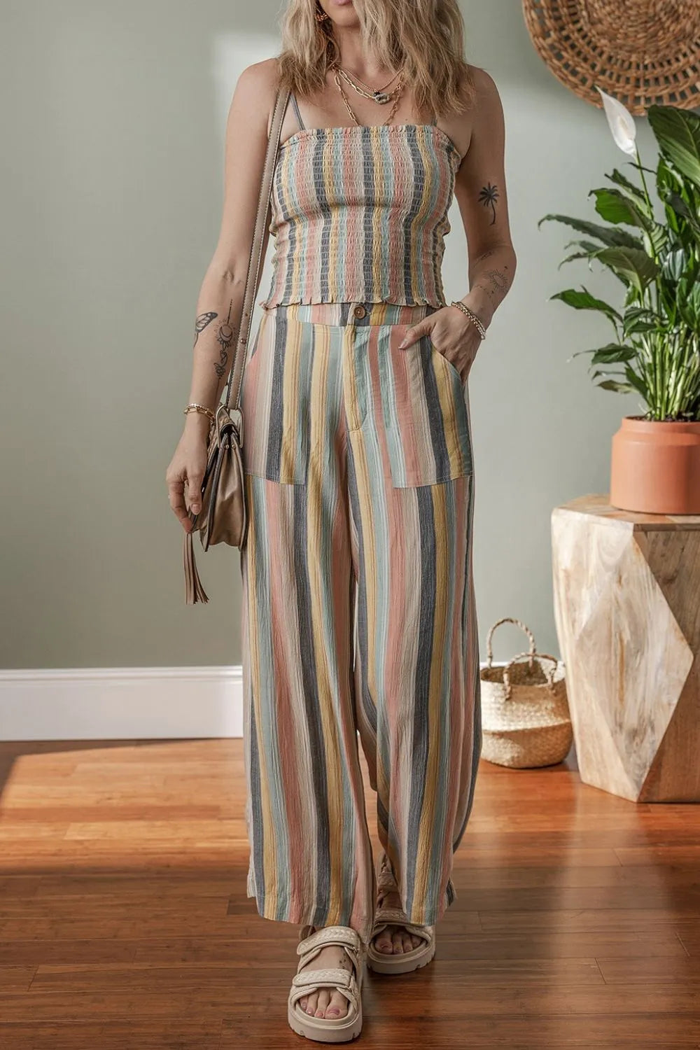 Striped Smocked Cami Top and Wide Leg Pants Set