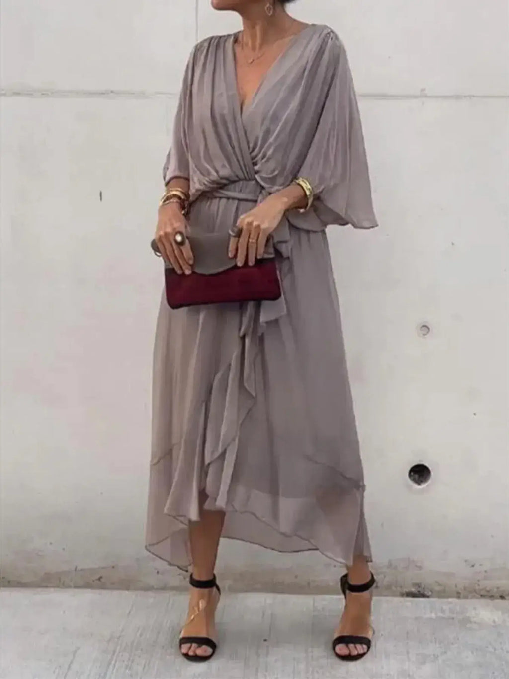 Full Size Flowy Tie Front Midi Dress with Flutter Sleeves Plus Size
