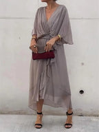 Full Size Flowy Tie Front Midi Dress with Flutter Sleeves Plus Size