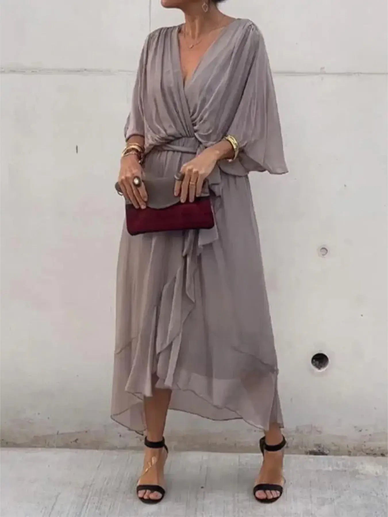 Full Size Flowy Tie Front Midi Dress with Flutter Sleeves Plus Size