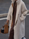 Plus Size Drawstring Zip Up Turtleneck Sherpa Coat - felvior