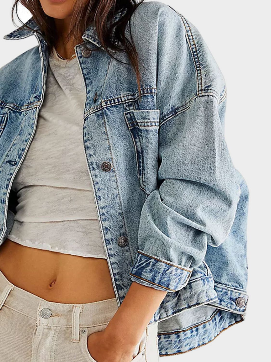 Button Up Long Sleeve Denim Jacket - felvior