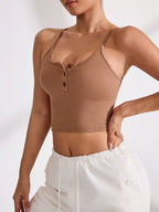 Ribbed Half Button Cropped Active Cami