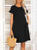 Round Neck Flounce Sleeve Dress with Pockets - felvior