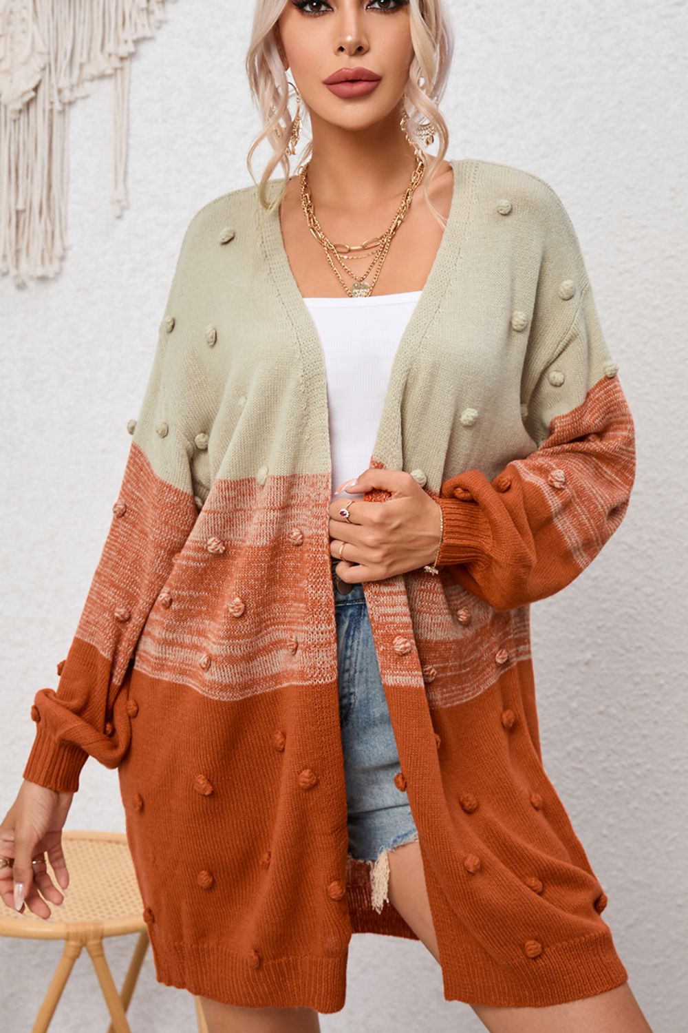 Pompom Color Block Open Front Cardigan - felvior