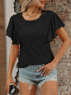 Eyelet Round Neck Flutter Sleeve Top