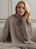 Slit Turtleneck Long Sleeve Top and Pants Sweater Set - felvior
