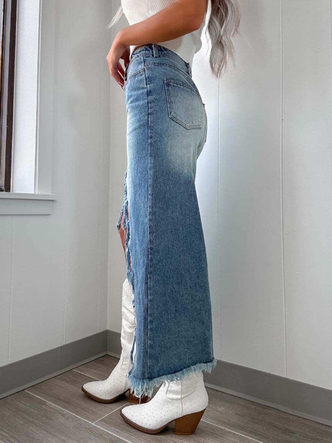 High-Waist Raw Hem Asymmetry Denim Skirt - felvior